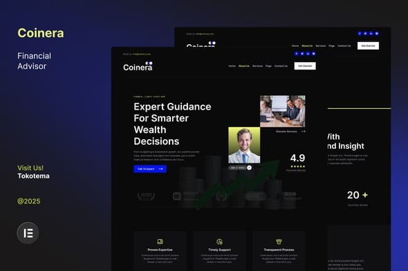 Coinera - Dark Financial Advisor & Coaching Website Elementor Template Kit